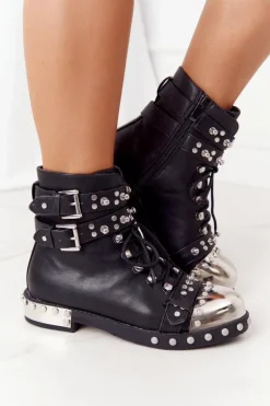 Damskie Ocieplane Botki Workery Z Dżetami Czarne Lu Boo