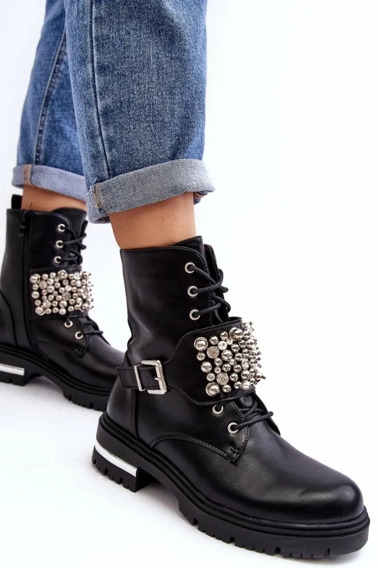 Damskie Ocieplane Botki Workery Zdobione Czarne Lennen