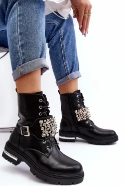 Damskie Ocieplane Botki Workery Zdobione Czarne Lennen
