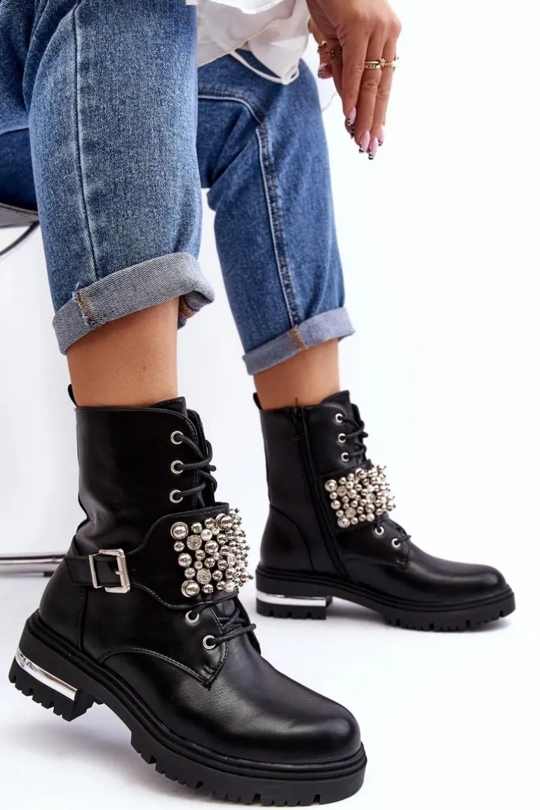 Damskie Ocieplane Botki Workery Zdobione Czarne Lennen