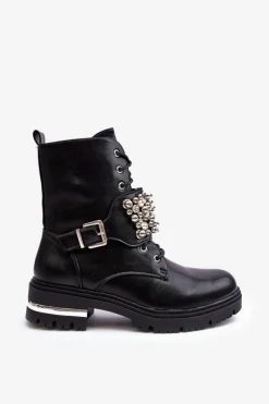 Damskie Ocieplane Botki Workery Zdobione Czarne Lennen