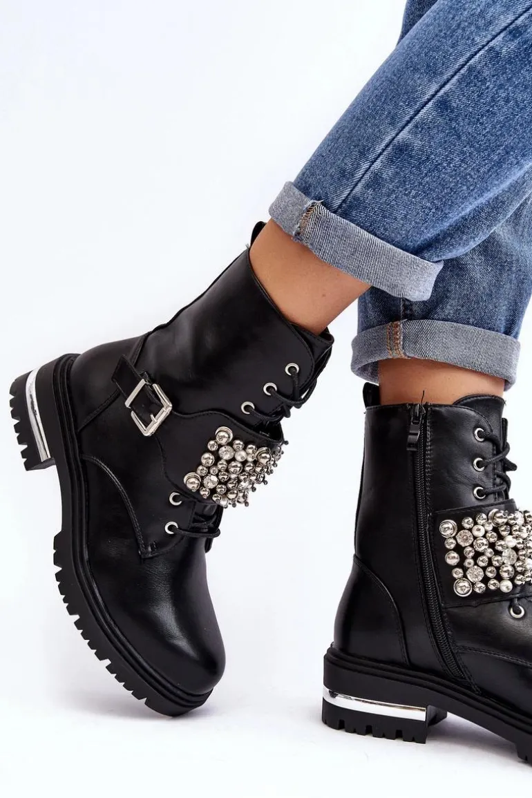 Damskie Ocieplane Botki Workery Zdobione Czarne Lennen