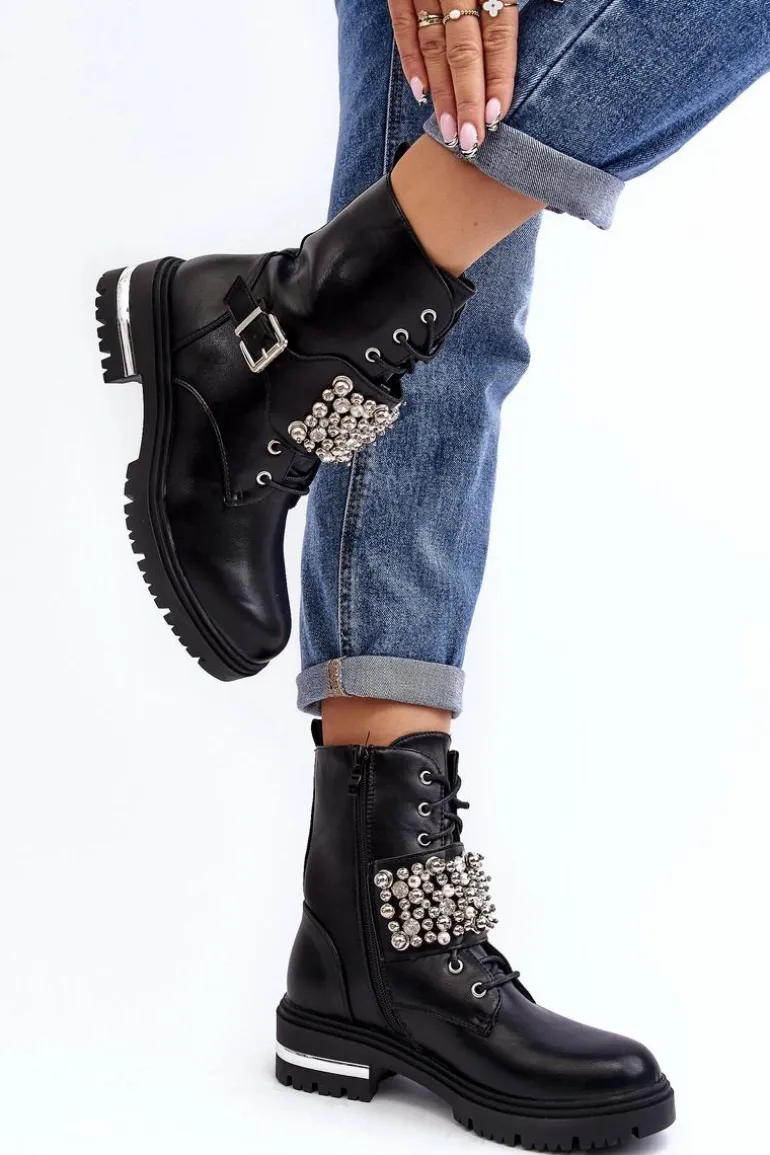 Damskie Ocieplane Botki Workery Zdobione Czarne Lennen