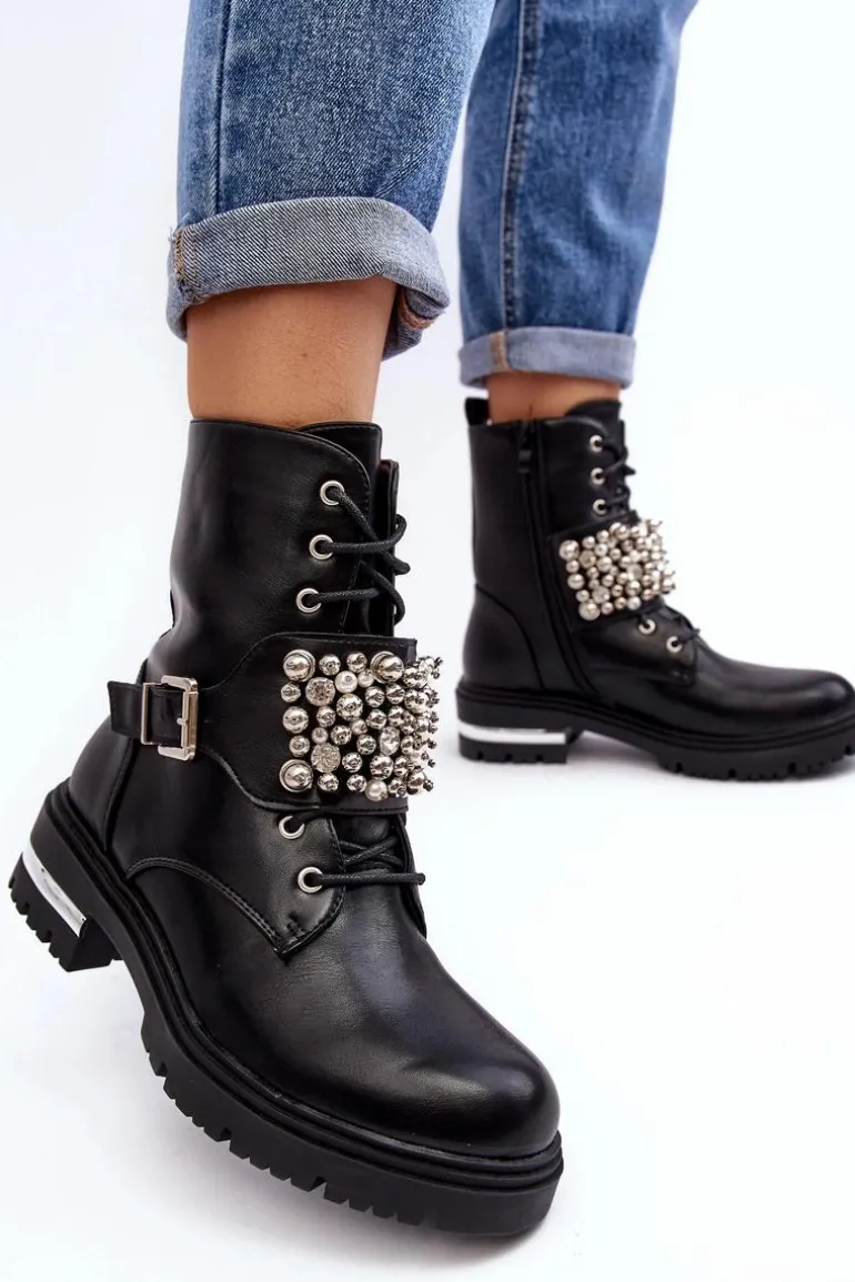Damskie Ocieplane Botki Workery Zdobione Czarne Lennen