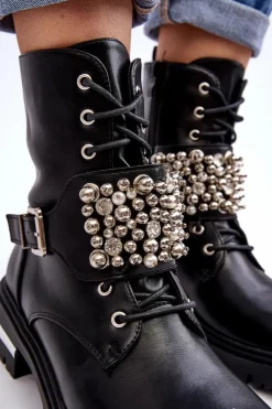 Damskie Ocieplane Botki Workery Zdobione Czarne Lennen