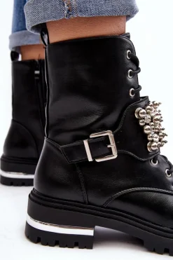 Damskie Ocieplane Botki Workery Zdobione Czarne Lennen