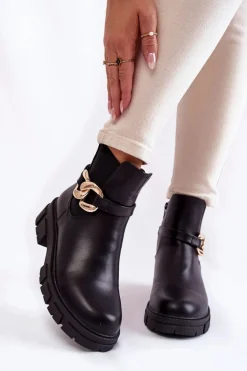 Damskie Ocieplane Botki Workery Z Ozdobą Czarne Ruth