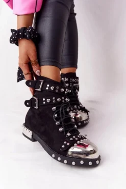 Damskie Ocieplane Botki Workery Z Dżetami Zamszowe Czarne Lu Boo