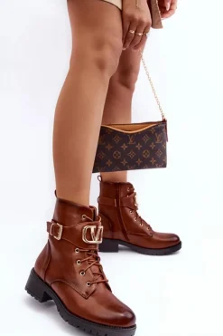 Damskie Ocieplane Botki Workery Złota Klamra Brązowe Vera