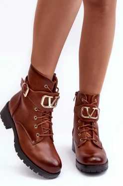 Damskie Ocieplane Botki Workery Złota Klamra Brązowe Vera