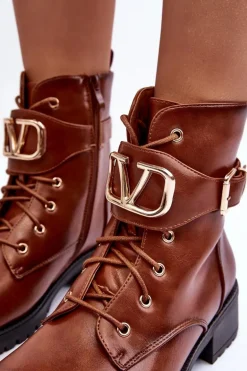 Damskie Ocieplane Botki Workery Złota Klamra Brązowe Vera