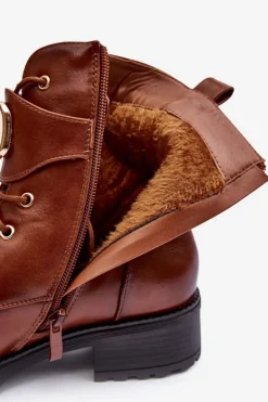 Damskie Ocieplane Botki Workery Złota Klamra Brązowe Vera