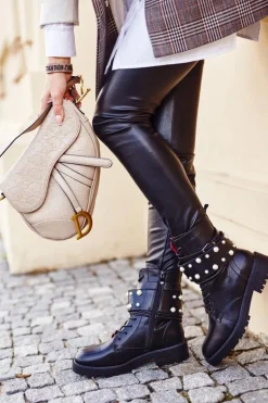 Damskie Ocieplane Botki z Perełkami Czarne Mishigan