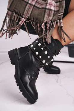 Damskie Ocieplane Botki z Perełkami Czarne Mishigan