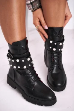 Damskie Ocieplane Botki z Perełkami Czarne Mishigan