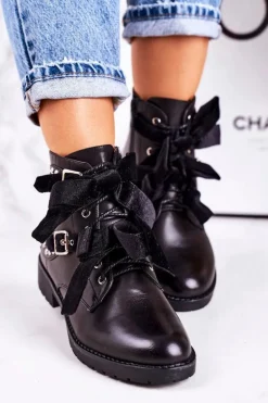Damskie Ocieplane Botki Z Klamrami I Wstążką Czarne Special