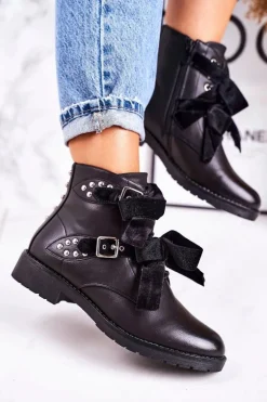 Damskie Ocieplane Botki Z Klamrami I Wstążką Czarne Special