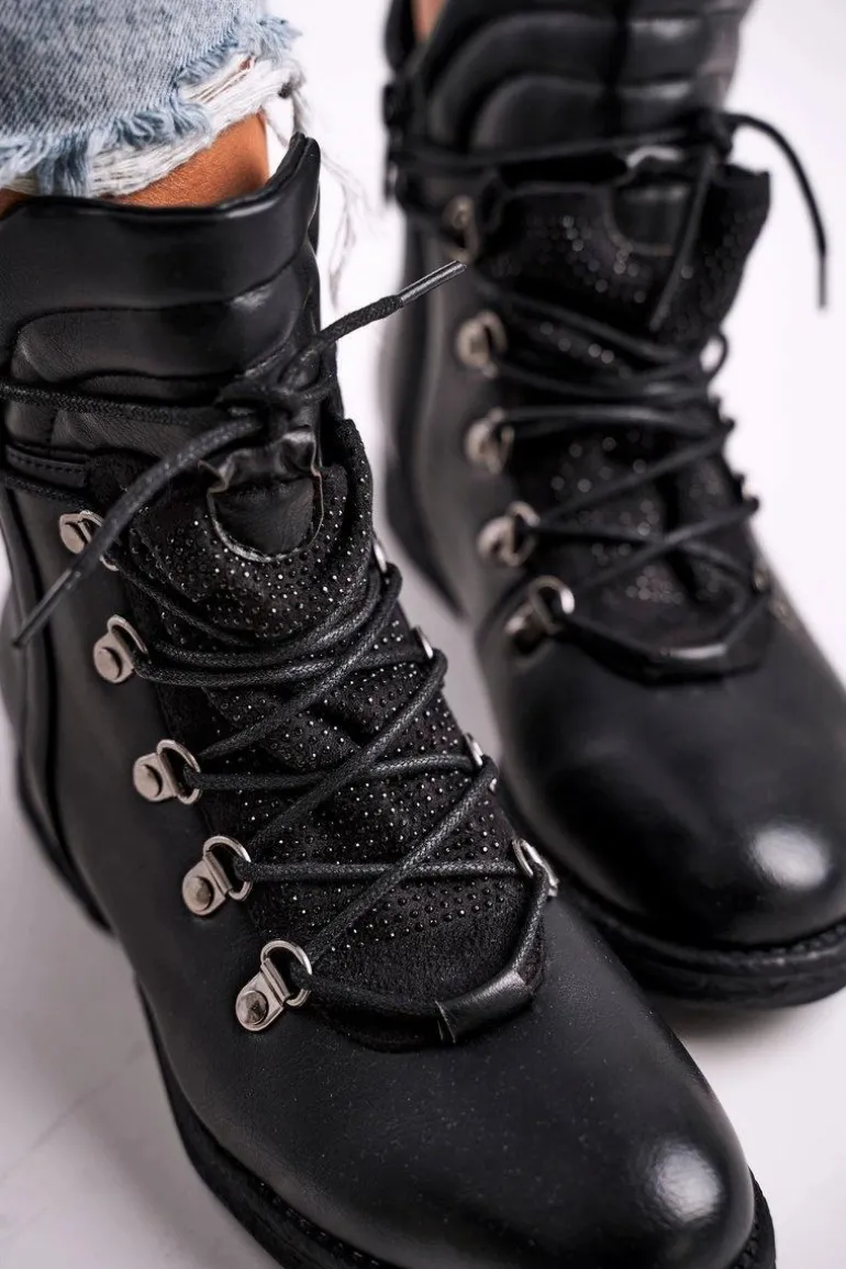 Damskie Ocieplane Botki z Cyrkoniami Czarne Gisele