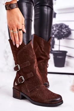 Damskie Ocieplane Botki Z Klamrami Brązowe Cassidy