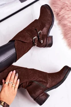 Damskie Ocieplane Botki Z Klamrami Brązowe Cassidy