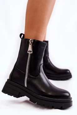 Damskie Ocieplane Botki Z Suwakami Czarne Jette