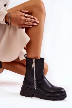 Damskie Ocieplane Botki Z Suwakami Czarne Jette