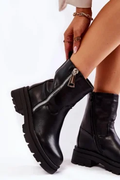 Damskie Ocieplane Botki Z Suwakami Czarne Jette