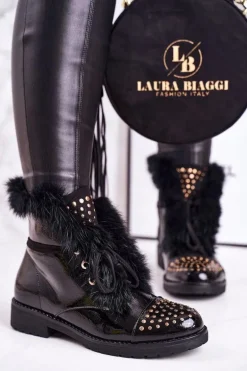 Damskie Ocieplane Botki Z Dżetami I Futerkiem Lakierowane Glam