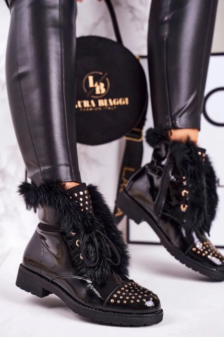 Damskie Ocieplane Botki Z Dżetami I Futerkiem Lakierowane Glam