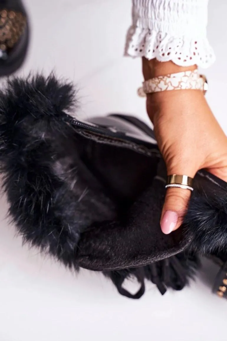 Damskie Ocieplane Botki Z Dżetami I Futerkiem Lakierowane Glam