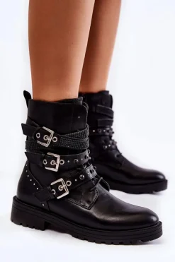 Damskie Ocieplane Botki Z Paskami Gładkie Czarne Lamberta