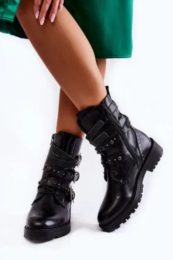 Damskie Ocieplane Botki Z Paskami Gładkie Czarne Lamberta