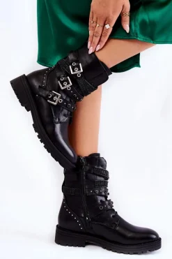 Damskie Ocieplane Botki Z Paskami Gładkie Czarne Lamberta