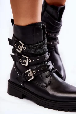 Damskie Ocieplane Botki Z Paskami Gładkie Czarne Lamberta