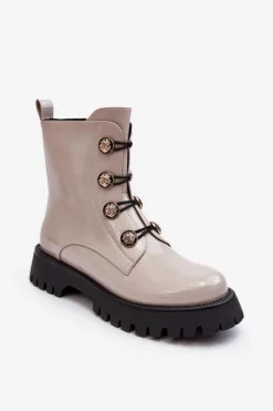 Damskie Ocieplane Botki Z Ozdobnymi Guzikami D&A MR870-51 Jasnobeżowe