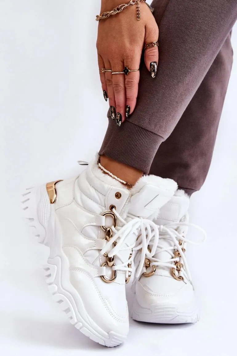 Damskie Ocieplane Buty Sportowe Trapery Sznurowane Białe Bastini