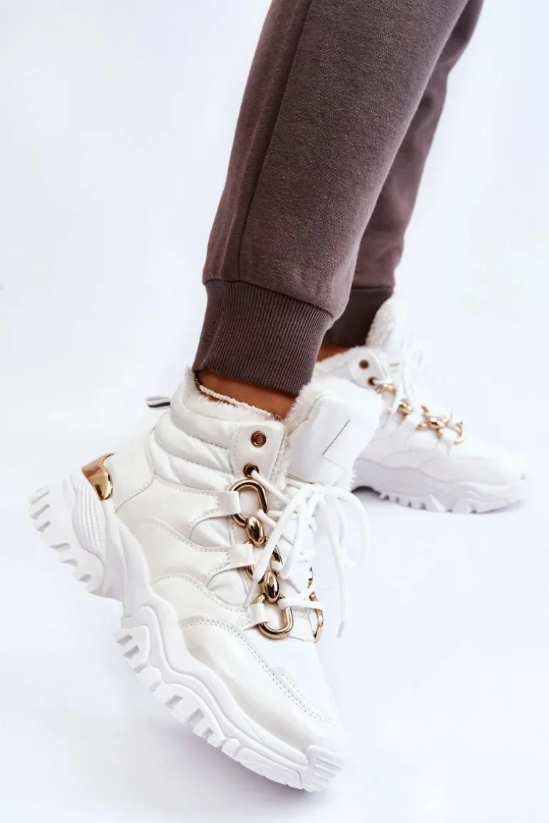 Damskie Ocieplane Buty Sportowe Trapery Sznurowane Białe Bastini