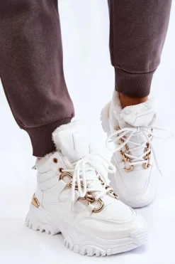 Damskie Ocieplane Buty Sportowe Trapery Sznurowane Białe Bastini