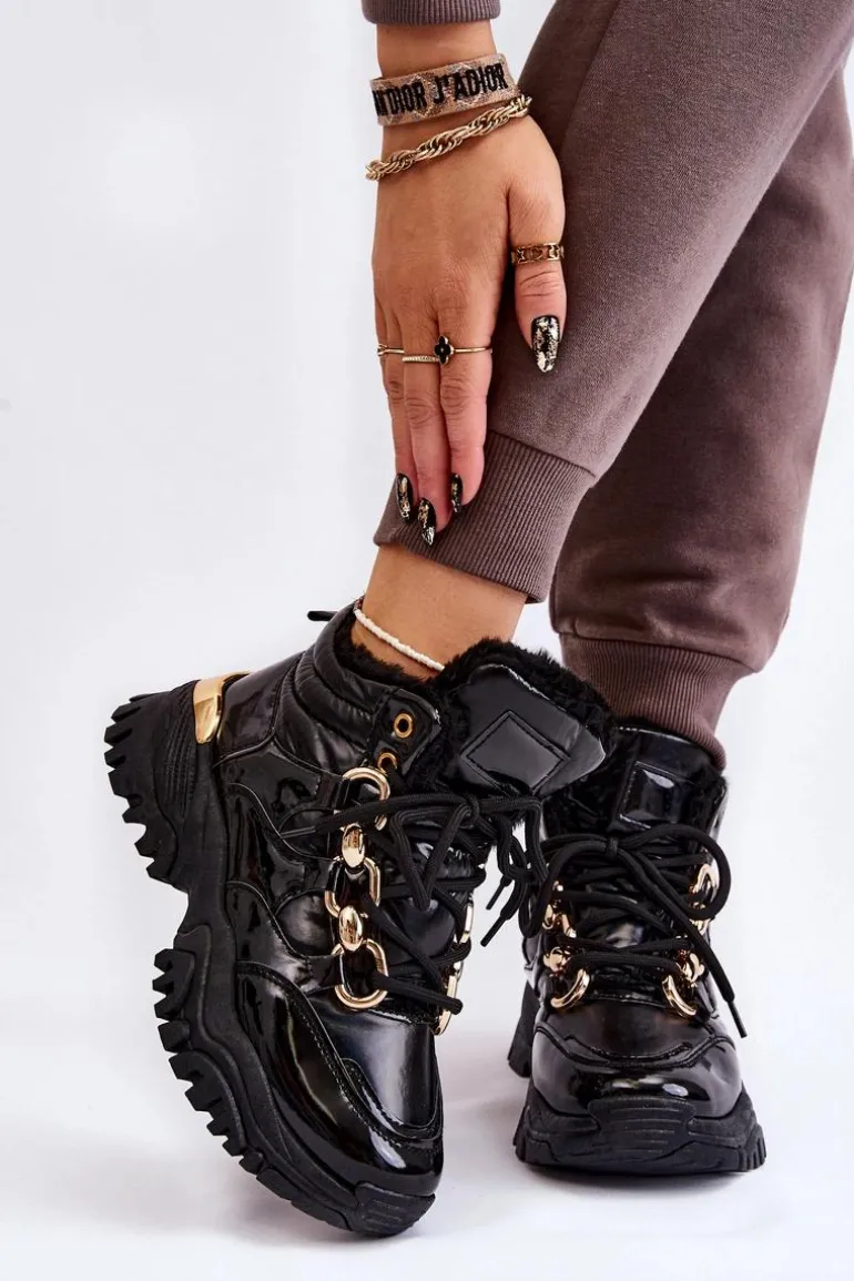 Damskie Ocieplane Buty Sportowe Trapery Sznurowane Czarne Bastini