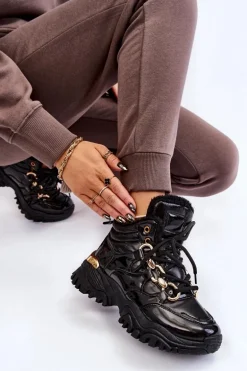 Damskie Ocieplane Buty Sportowe Trapery Sznurowane Czarne Bastini