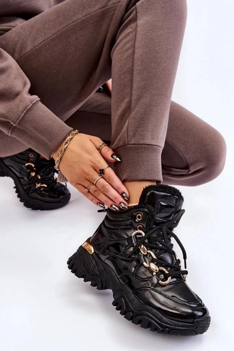 Damskie Ocieplane Buty Sportowe Trapery Sznurowane Czarne Bastini