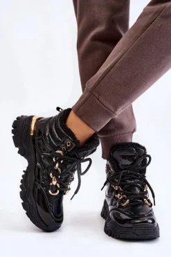 Damskie Ocieplane Buty Sportowe Trapery Sznurowane Czarne Bastini