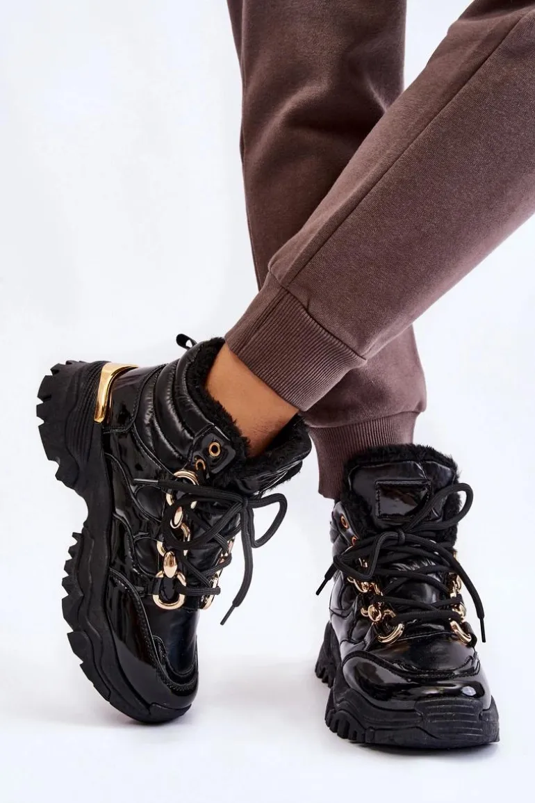 Damskie Ocieplane Buty Sportowe Trapery Sznurowane Czarne Bastini