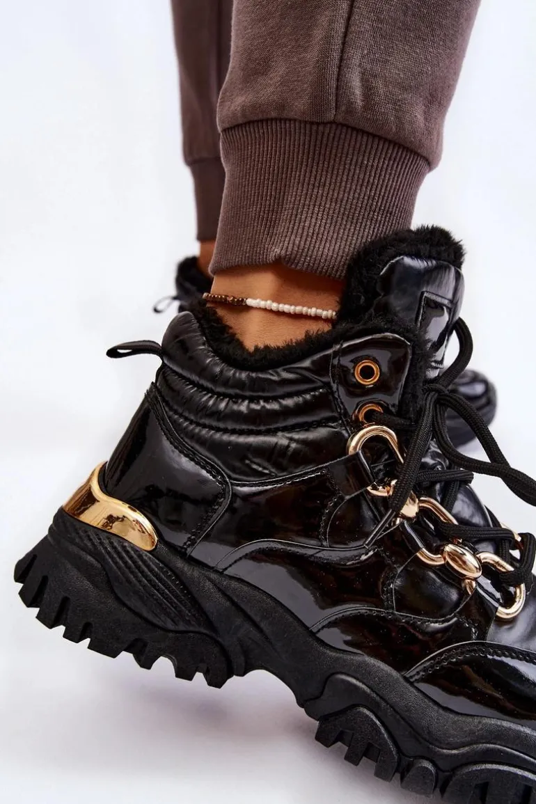 Damskie Ocieplane Buty Sportowe Trapery Sznurowane Czarne Bastini