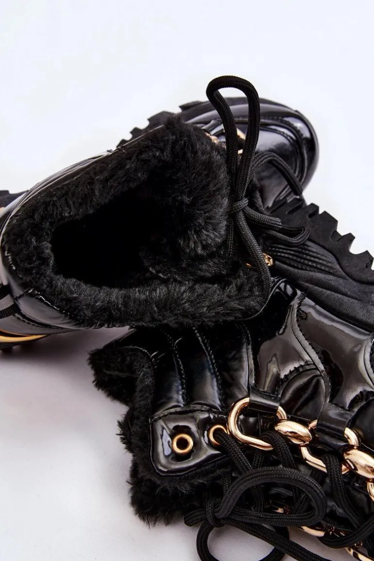 Damskie Ocieplane Buty Sportowe Trapery Sznurowane Czarne Bastini
