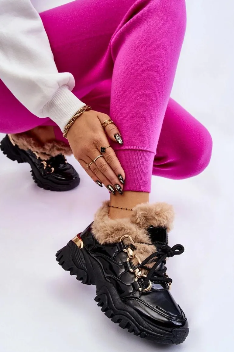 Damskie Ocieplane Buty Sportowe Sznurowane Czarne Kerberos