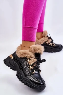 Damskie Ocieplane Buty Sportowe Sznurowane Czarne Kerberos