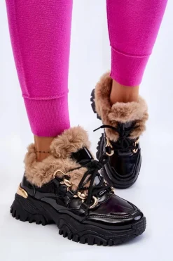 Damskie Ocieplane Buty Sportowe Sznurowane Czarne Kerberos