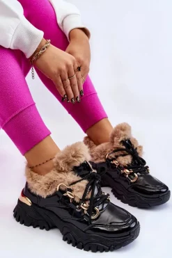 Damskie Ocieplane Buty Sportowe Sznurowane Czarne Kerberos