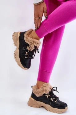 Damskie Ocieplane Buty Sportowe Sznurowane Czarno Beżowe Kerberos